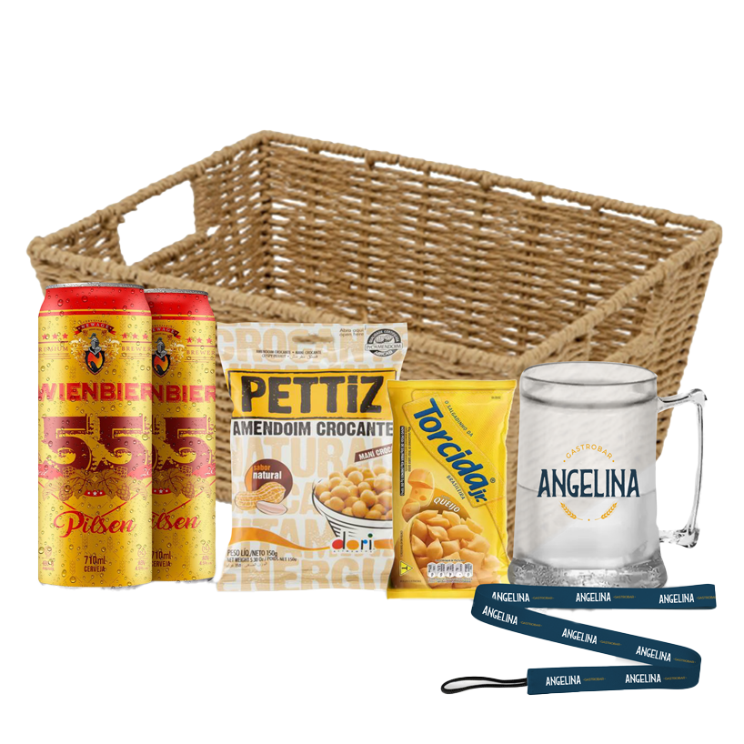 Kit cesta com cerveja, petiscos e caneca personalizada