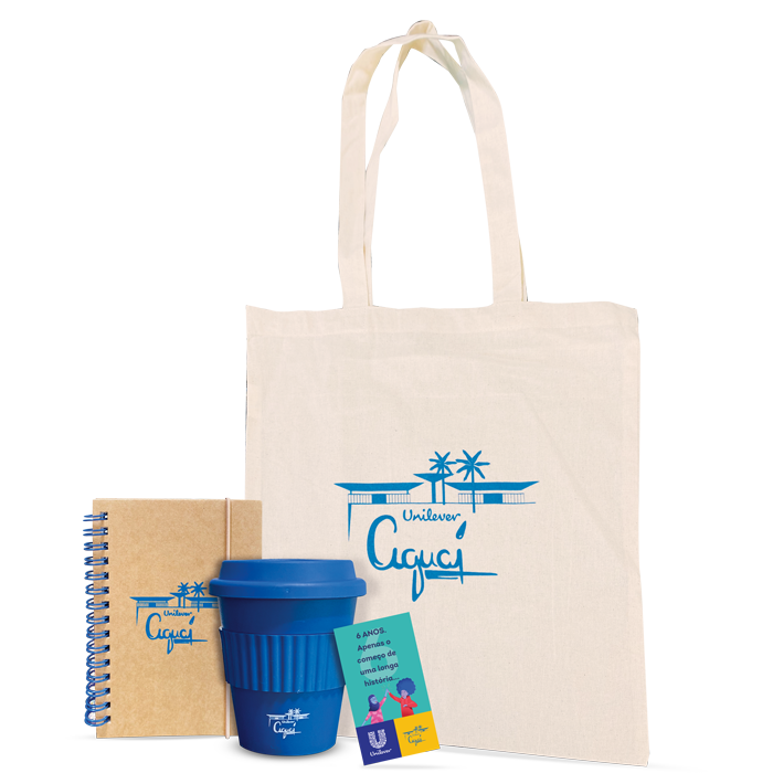 Kit com ecobag, caderneta, copo e tag personalizados