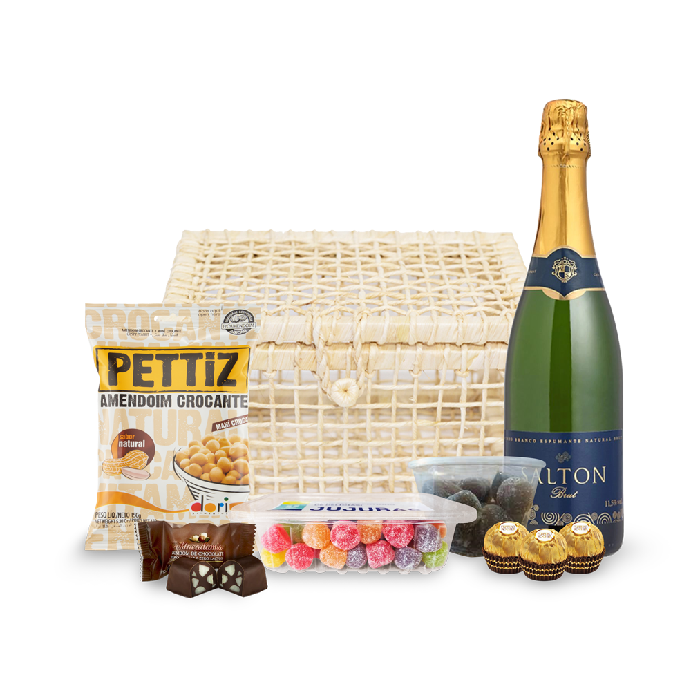 Kit cesta com espumante, petiscos e chocolate