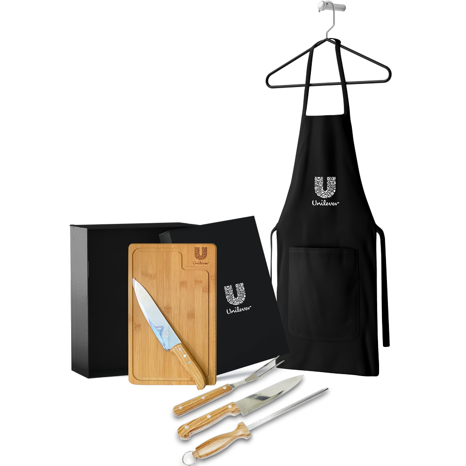Kit completo com faqueiro, avental e caixa personalizados