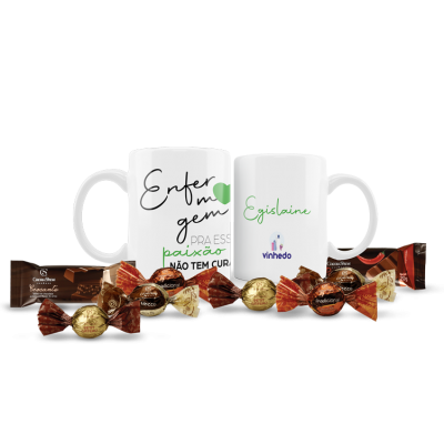 Kit dia do enfermeiro com caneca de porcelana e chocolates