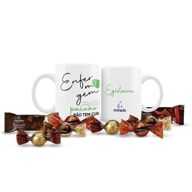 Kit dia do enfermeiro com caneca de porcelana e chocolates