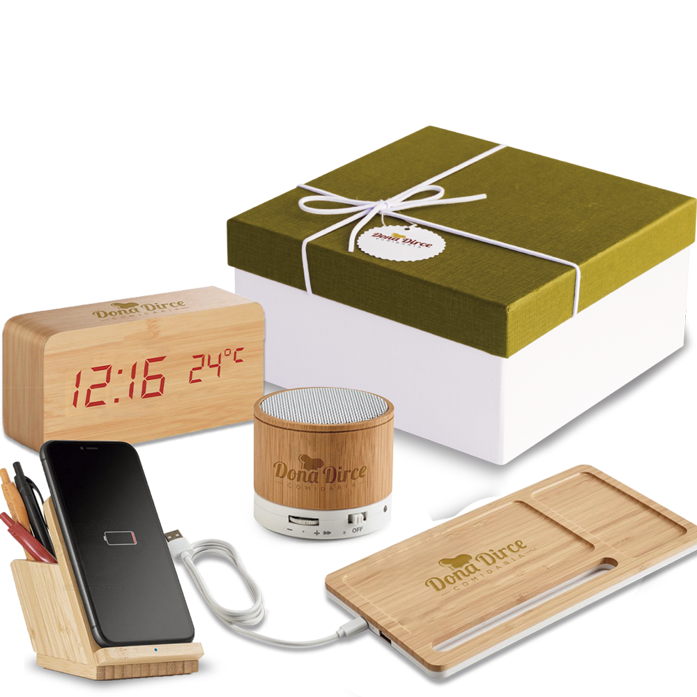 Kit com relógio, caixa de som personalizado e mais