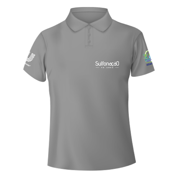 Camiseta polo cinza com gravação em bordado, frente e mangas