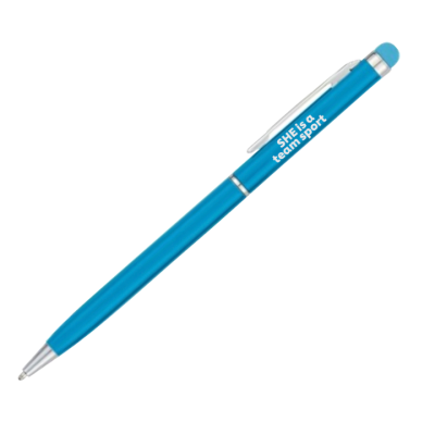 Caneta de metal azul com touch screen e gravação a laser