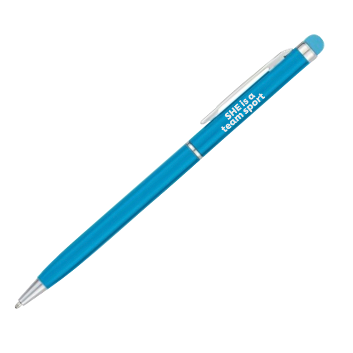 Caneta de metal azul com touch screen e gravação a laser