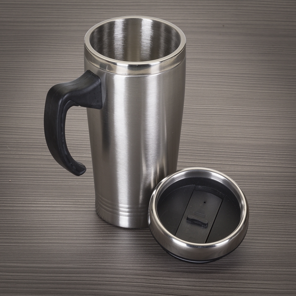 Caneca inox personalizada com tampa e compartimento de abre e fecha