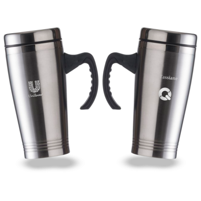 Caneca inox personalizada com tampa e compartimento de abre e fecha
