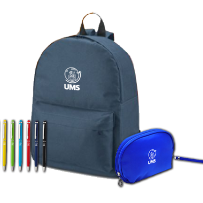 Kit com mochila, caneta e necessaire personalizados