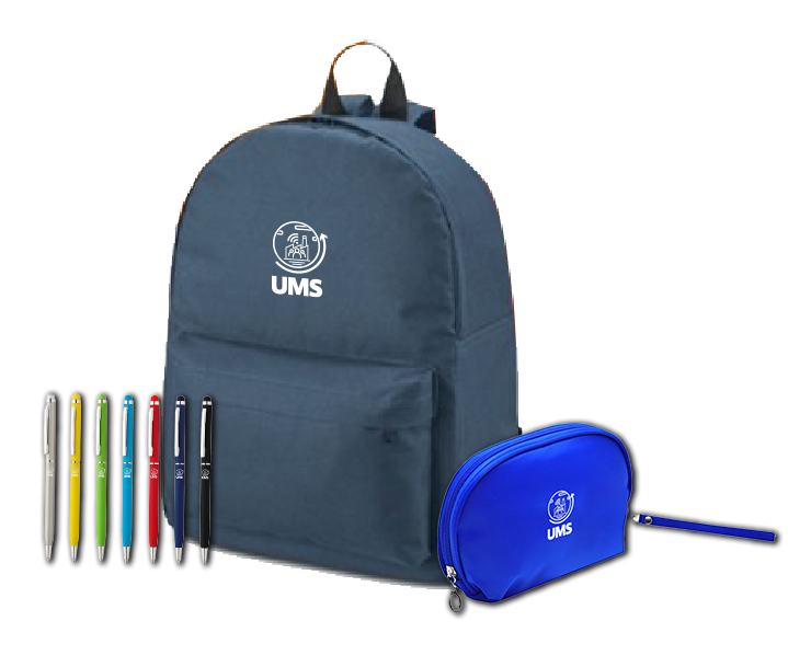 Kit com mochila, caneta e necessaire personalizados