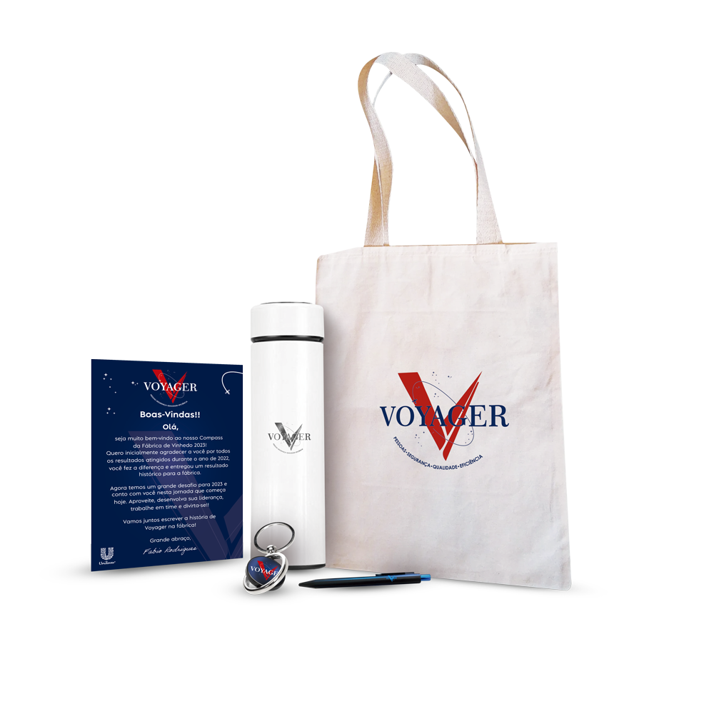 Kit com ecobag, garrafa, chaveiro e caneta personalizados