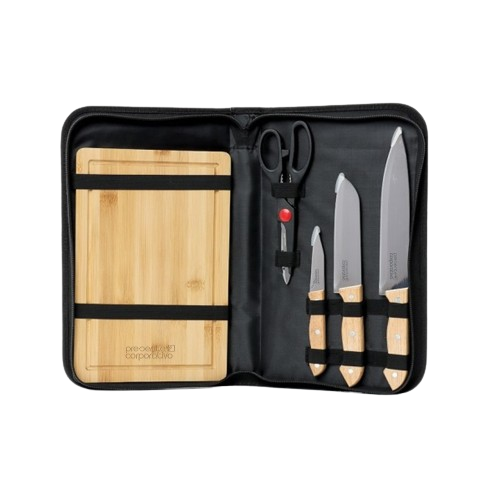 Kit churrasco com tábua e conjunto de facas